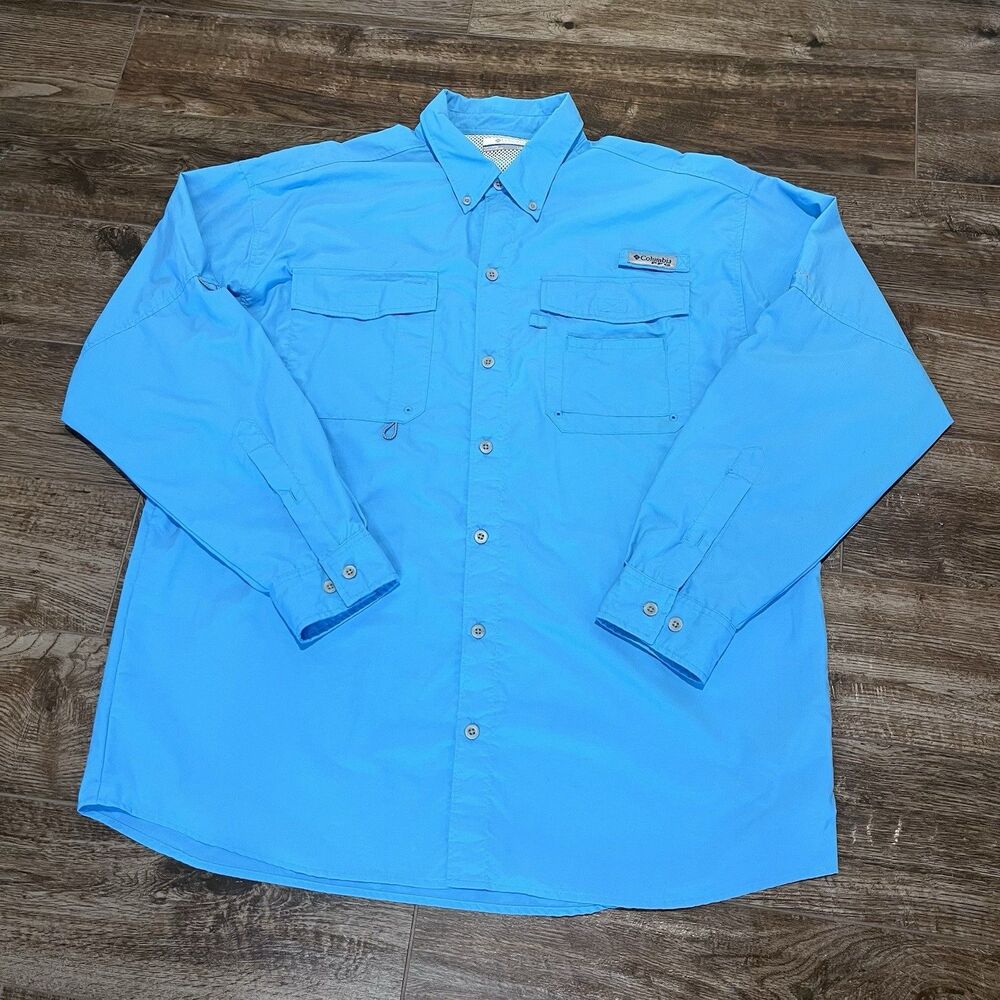 Columbia Shirt Men L Blue Omni-Shade Button Down Long Sleeve Hiking Fishing